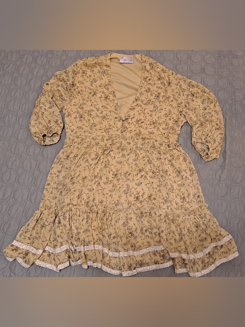 Wisteria Lane Floral Ruffle Dress - Light Yellow Sz M